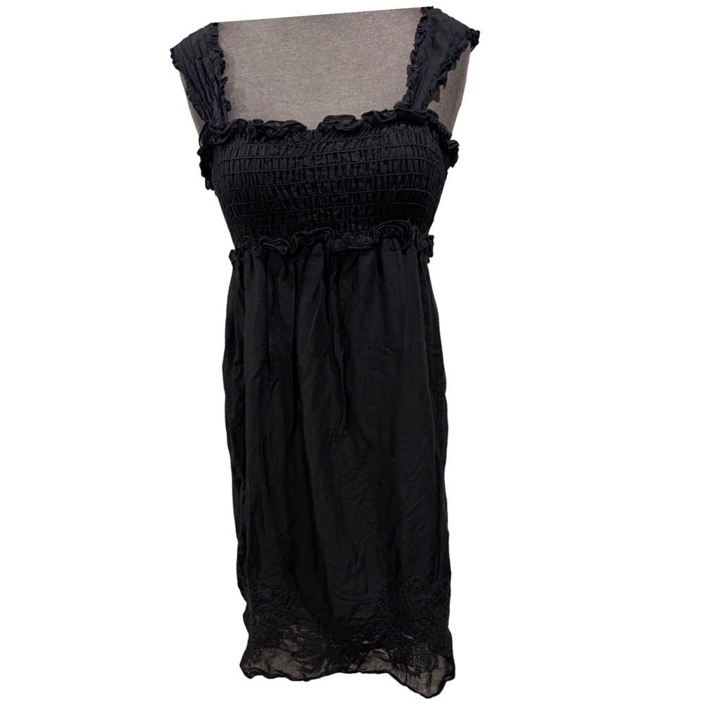 Max Studio Black Smocked Cotton Mini Dress Lace Hem Ruffle Straps Womens‎ Medium